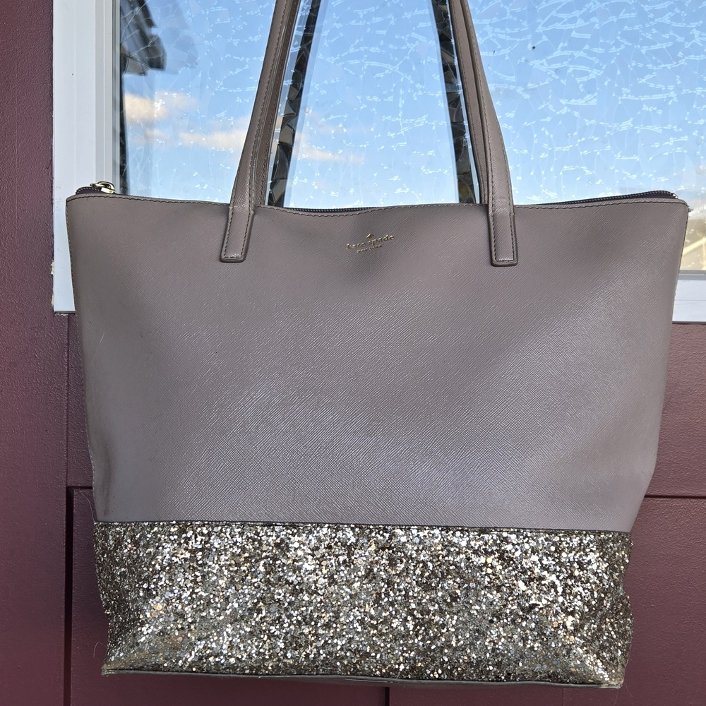 kate spade taupe tote with gold glitter base